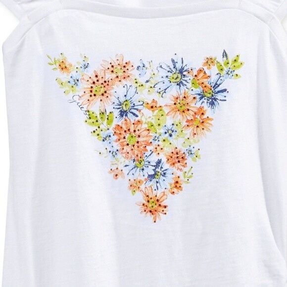 New! GUESS Girls' Rhinestone Floral Logo Cotton Top Tee T-Shirt Blouse White - Picture 2 of 2